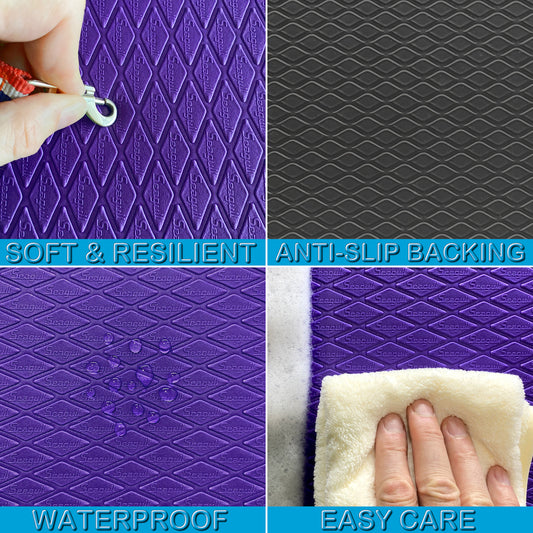 Purple dog grooming table mat showing soft resilient surface, anti-slip backing, waterproof texture and easy-clean care