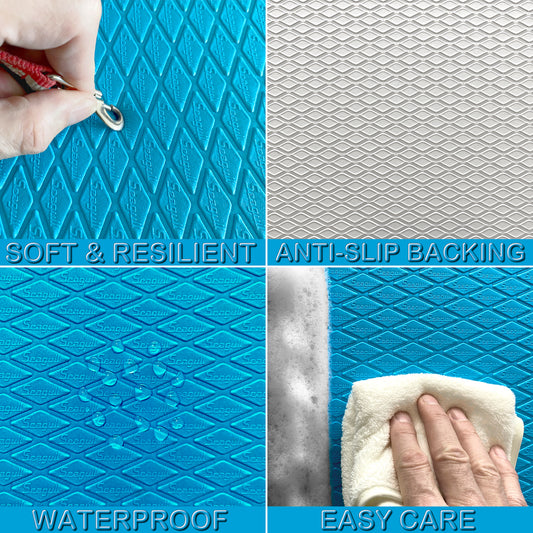 Light blue dog grooming table mat showing soft resilient surface, anti-slip backing, waterproof texture and easy-clean care