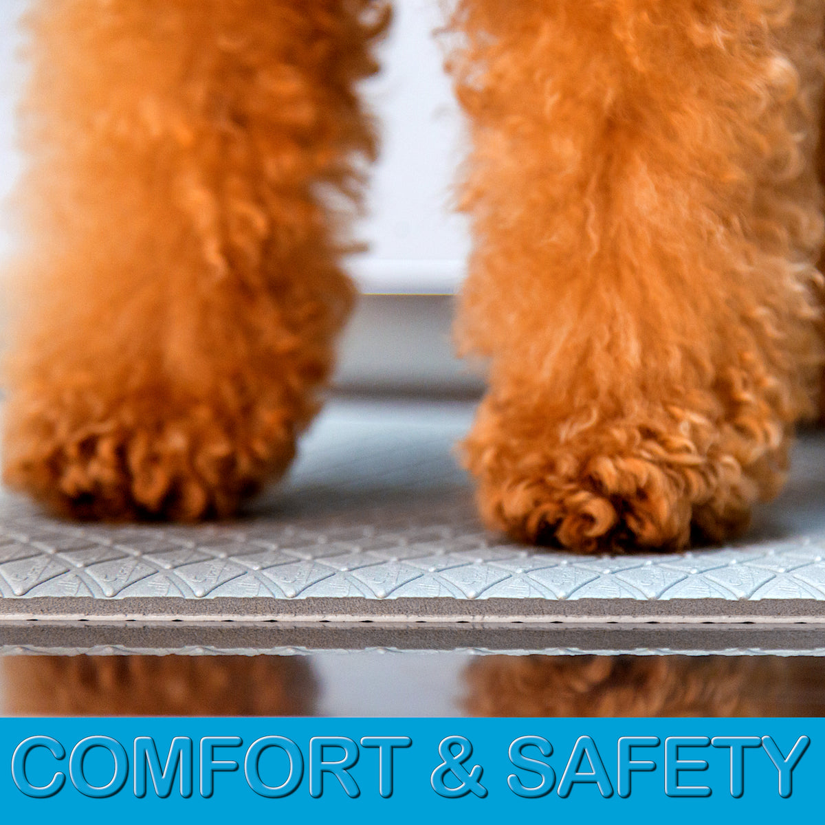 Soft cushioned light grey grooming mat with non-slip textured backing on a stainless steel grooming table