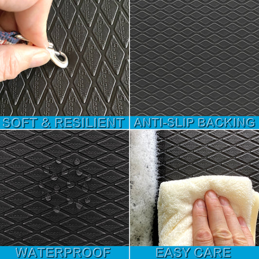 Anthracite dog grooming table mat showing soft resilient surface, anti-slip backing, waterproof texture and easy-clean care