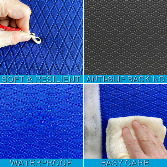 Dark blue dog grooming table mat showing soft resilient surface, anti-slip backing, waterproof texture and easy-clean care