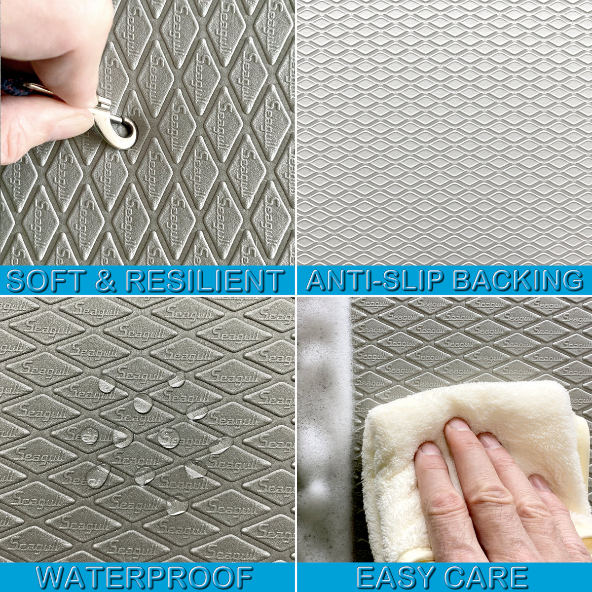Light grey dog grooming table mat showing soft resilient surface, anti-slip backing, waterproof texture and easy-clean care