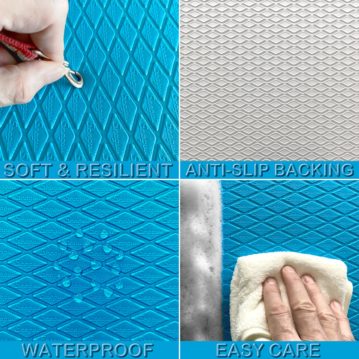 Light blue dog grooming table mat showing soft resilient surface, anti-slip backing, waterproof texture and easy-clean care