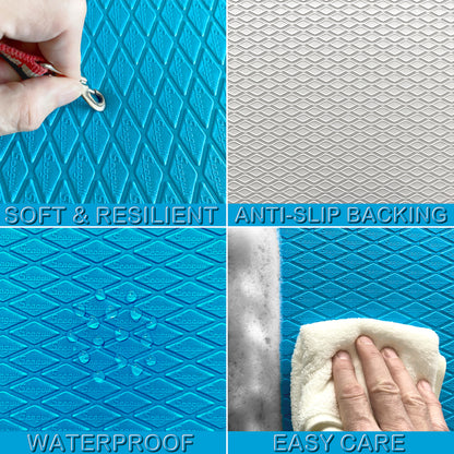 Light blue dog grooming table mat showing soft resilient surface, anti-slip backing, waterproof texture and easy-clean care