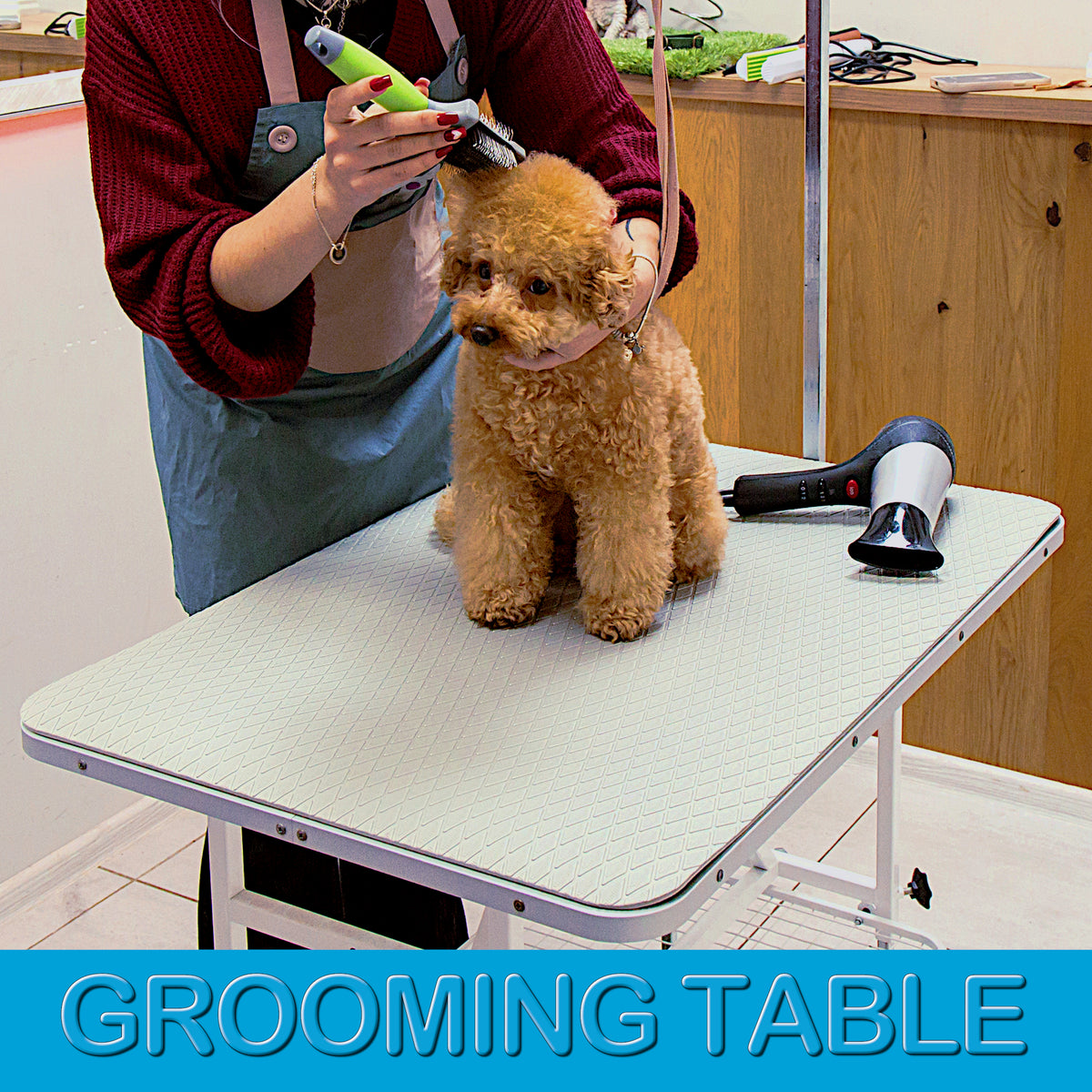 Large 24 × 36 inch light grey grooming mat covering a professional grooming table