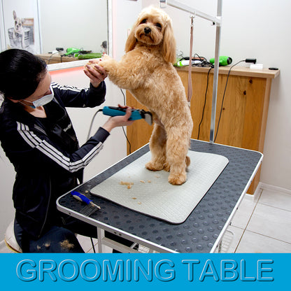 Small 16 × 24 inch light grey grooming mat on a professional grooming table