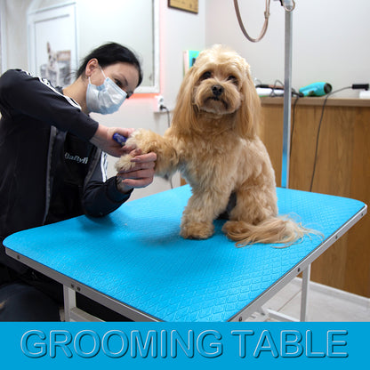 Large 24 × 36 inch light blue grooming mat covering a professional grooming table