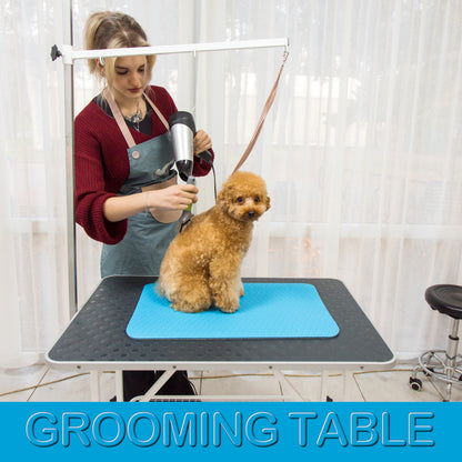 Small 16 × 24 inch light blue grooming mat on a professional grooming table