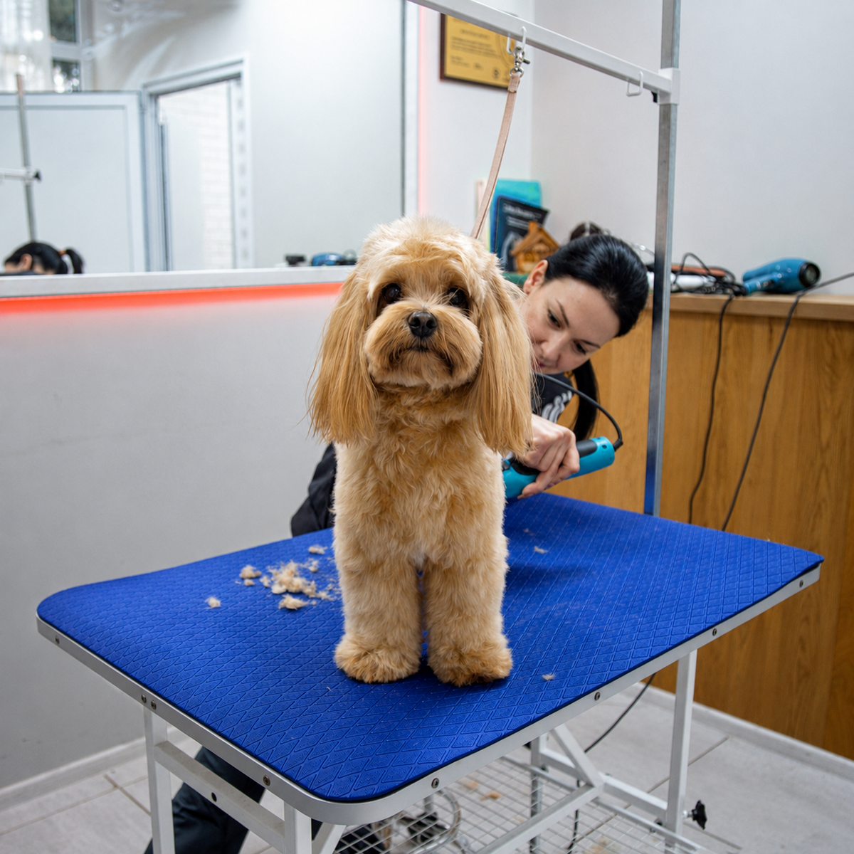 Dog on blue Seagull grooming table mat during professional grooming in a pet salon