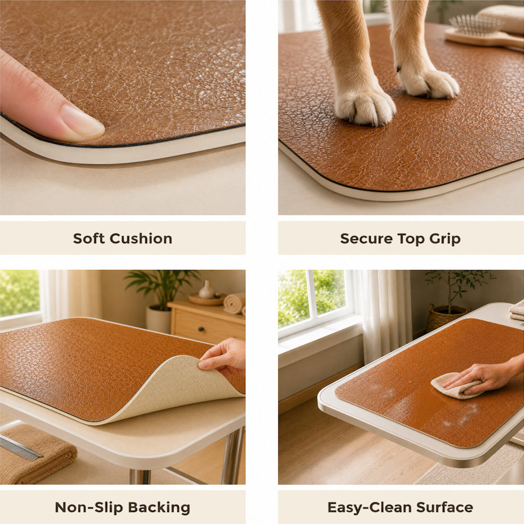 Premium Home dog grooming table mat with soft resilient cushion, durable PU top, non-slip backing and easy-clean surface