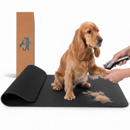 Anthracite non-slip dog grooming table mat with dog and grooming clippers