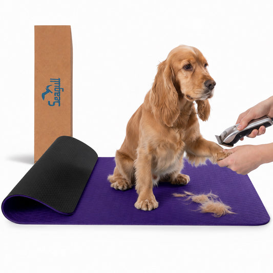 Purple non-slip dog grooming table mat with dog and grooming clippers