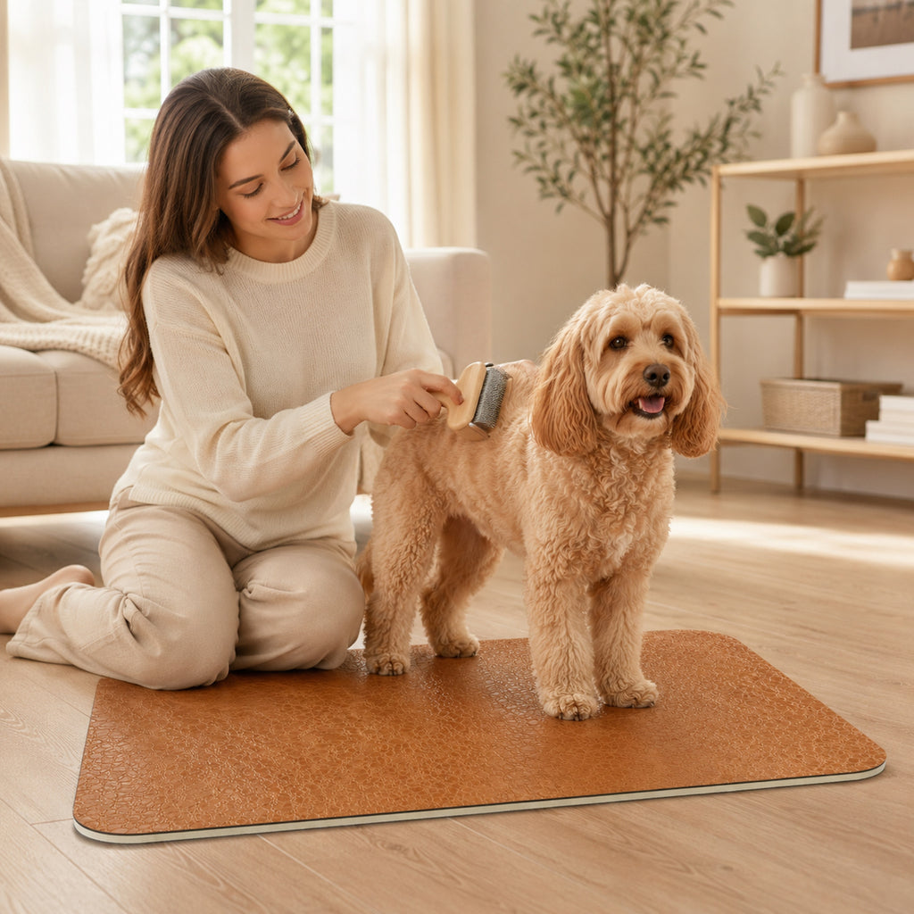 Caramel brown Premium Home dog grooming mat with dog being brushed during home grooming