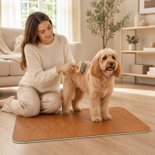 Caramel brown Premium Home dog grooming mat with dog being brushed during home grooming