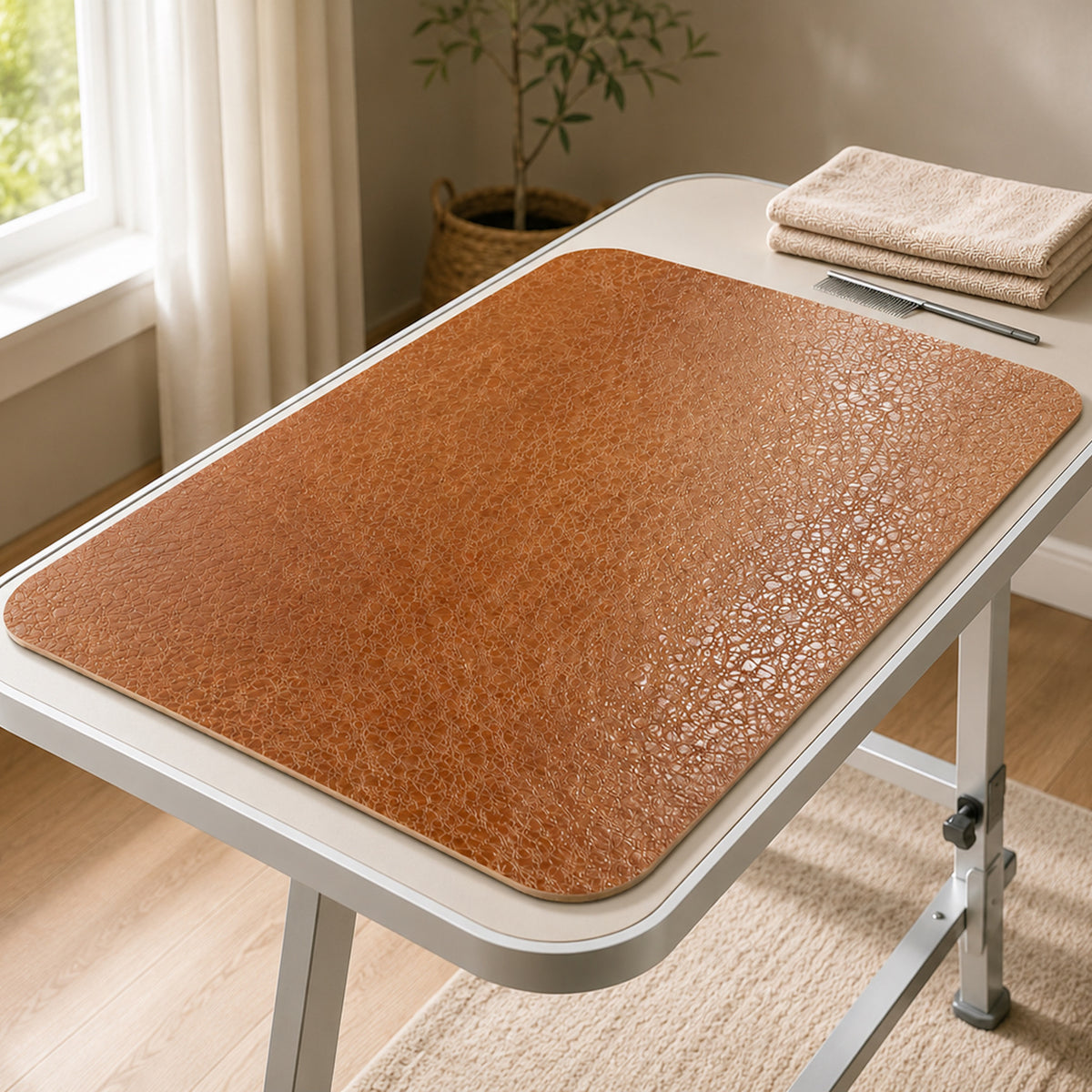 Premium Home dog grooming table mat 24x36 in on a home grooming table with towel and brush ready for grooming