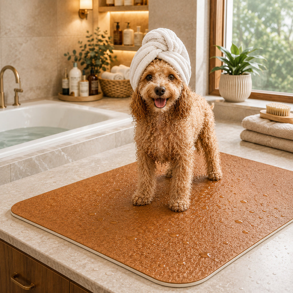 Wet dog on water-resistant Premium Home dog grooming table mat with non-slip backing after bath