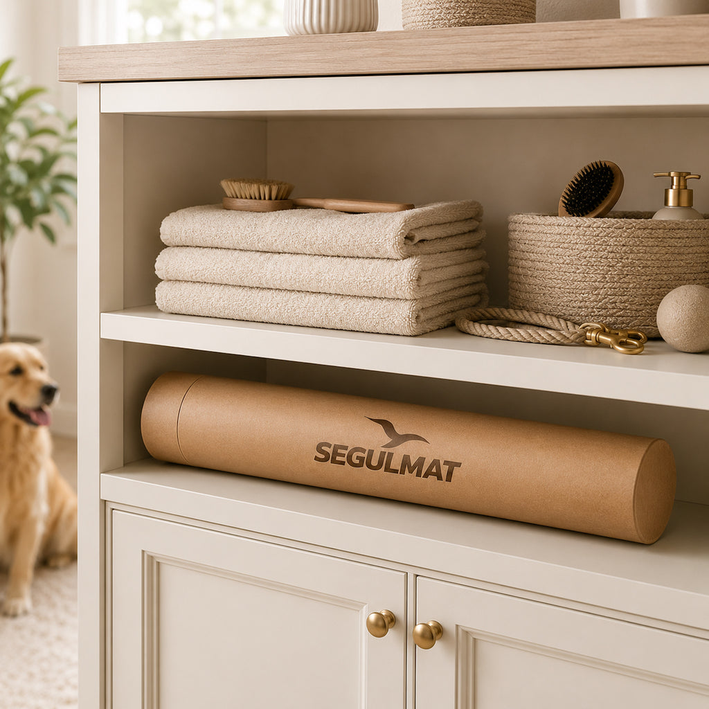 Premium Home dog grooming table mat stored in branded SEGULMAT kraft tube for compact and convenient home storage