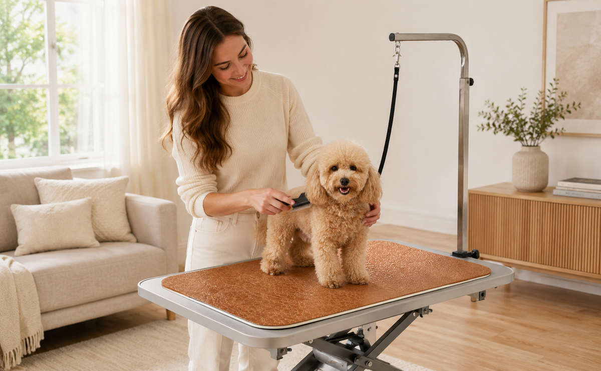 Premium Home dog grooming table mat with a dog being brushed on a grooming table at home