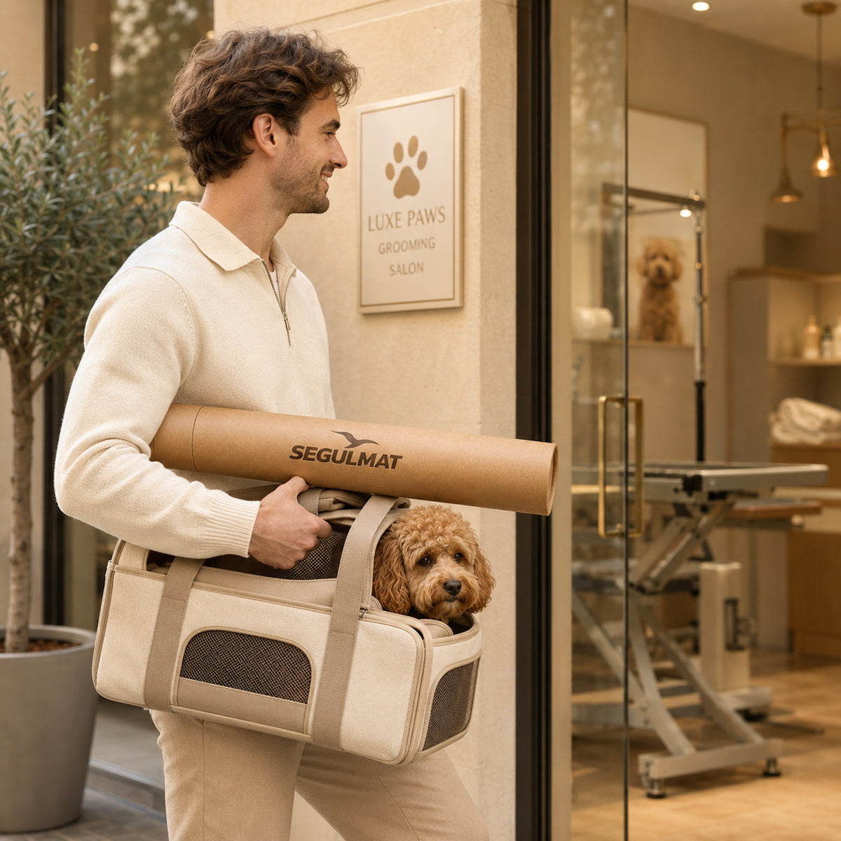Man carrying a dog and Premium Home dog grooming table mat in branded SEGULMAT kraft tube to a grooming salon