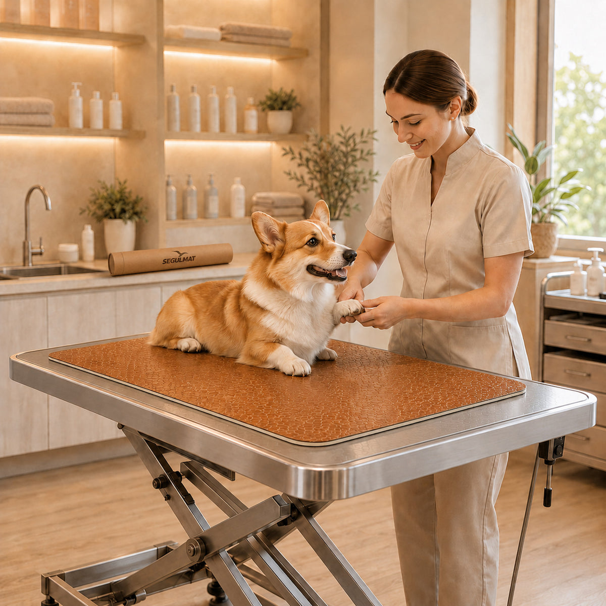 Caramel brown Premium Home dog grooming table mat with a corgi during professional grooming in a grooming salon