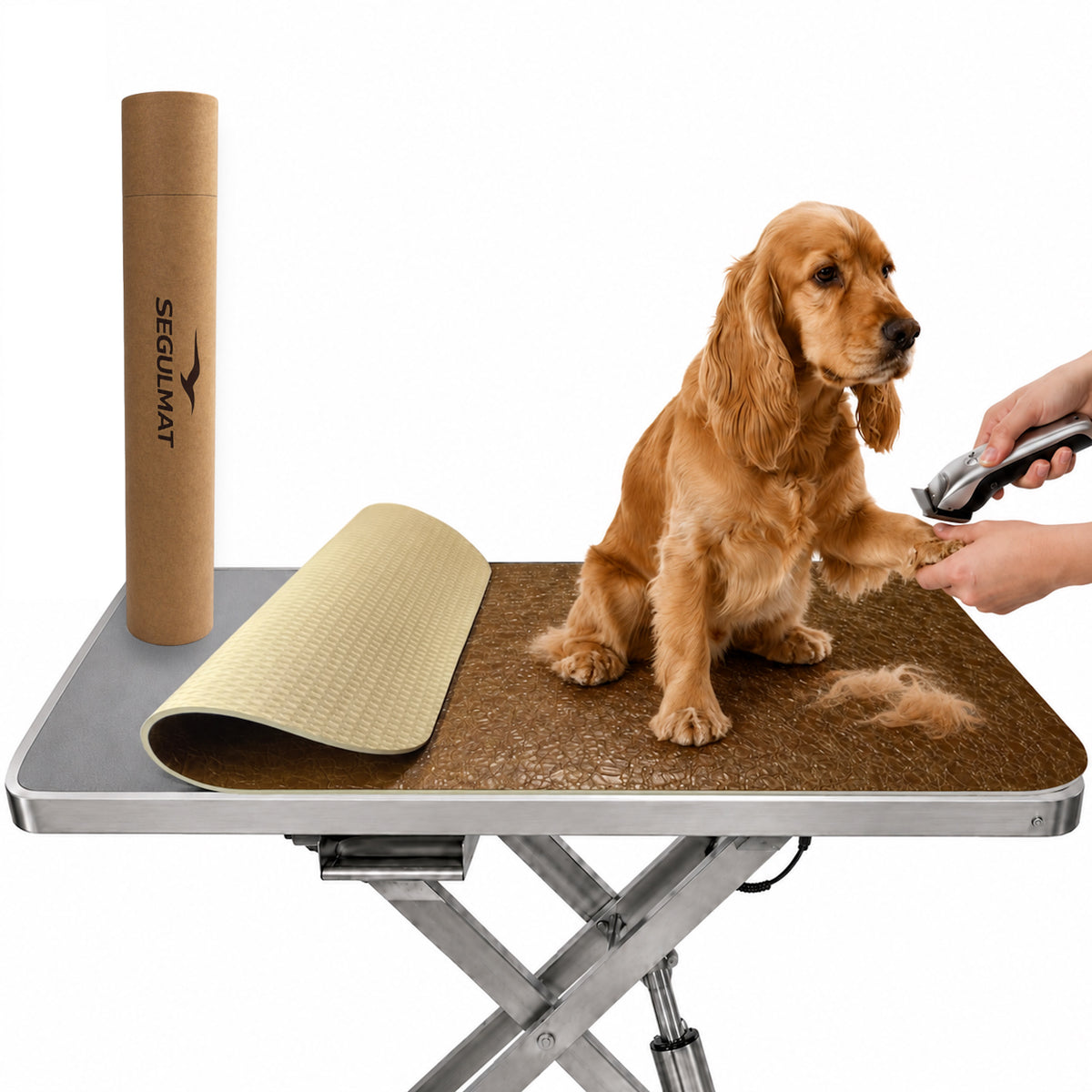 Caramel brown Premium dog grooming table mat, PU faux leather top, foam rubber backing, dog with clippers and kraft tube