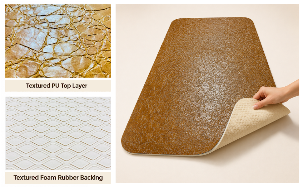 Premium Home dog grooming table mat with close-up views of textured PU top and foam rubber backing