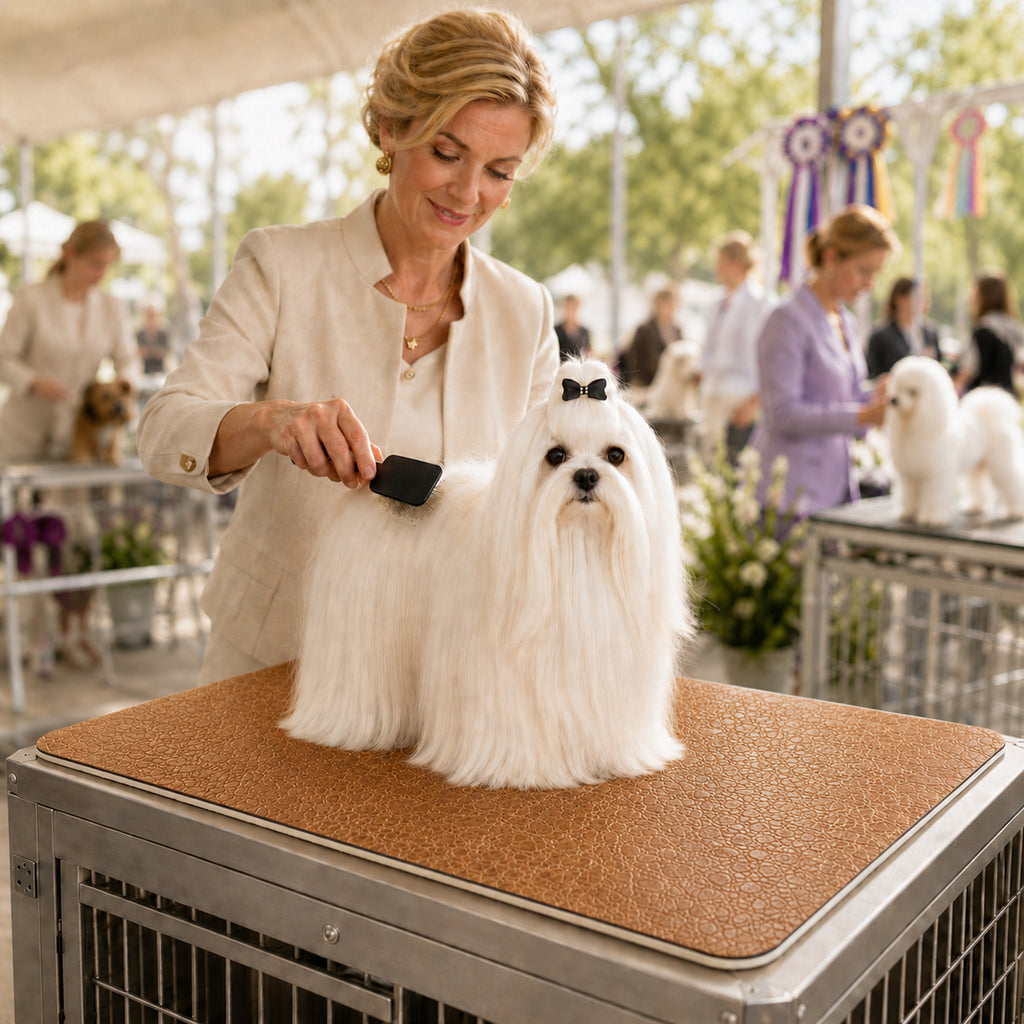 Caramel brown Premium Home dog grooming table mat with Maltese being brushed at a dog show