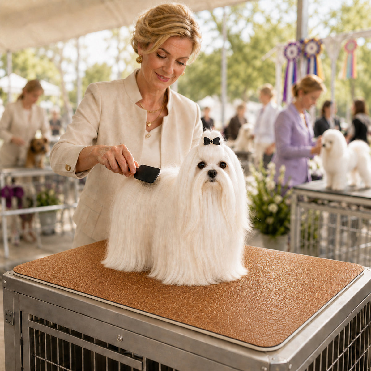 Caramel brown Premium Home dog grooming table mat with Maltese being brushed at a dog show