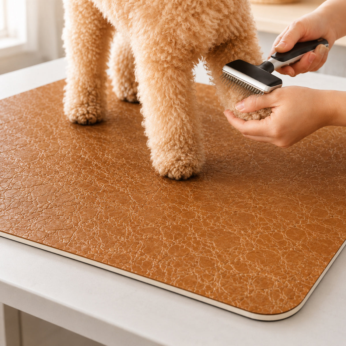 Premium Home dog grooming table mat with textured caramel brown surface during home grooming
