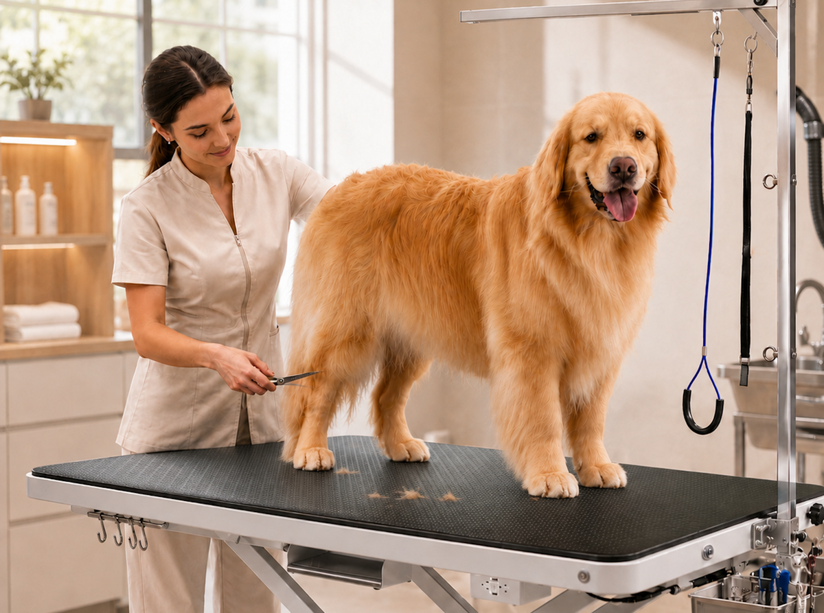 Black SEGULMAT Professional PVC dog grooming table mat used in professional grooming salons and veterinary clinics