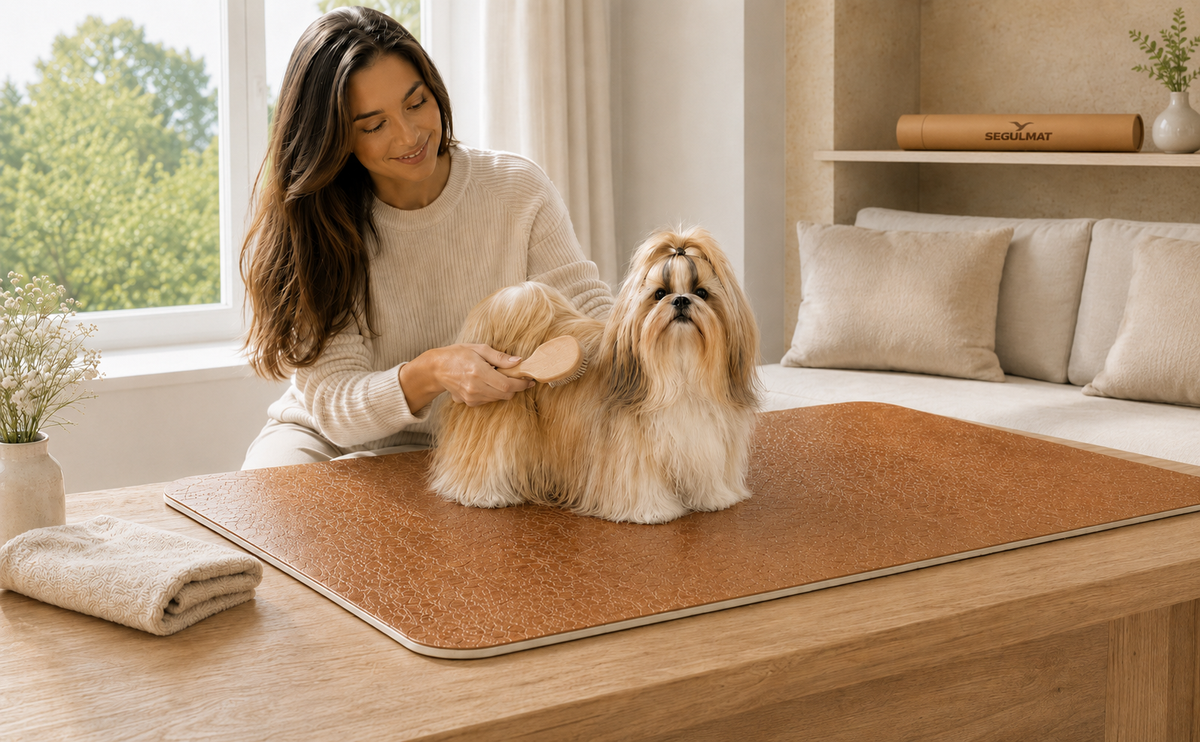 Brown SEGULMAT Premium Home PU dog grooming mat used for comfortable home grooming and everyday pet care