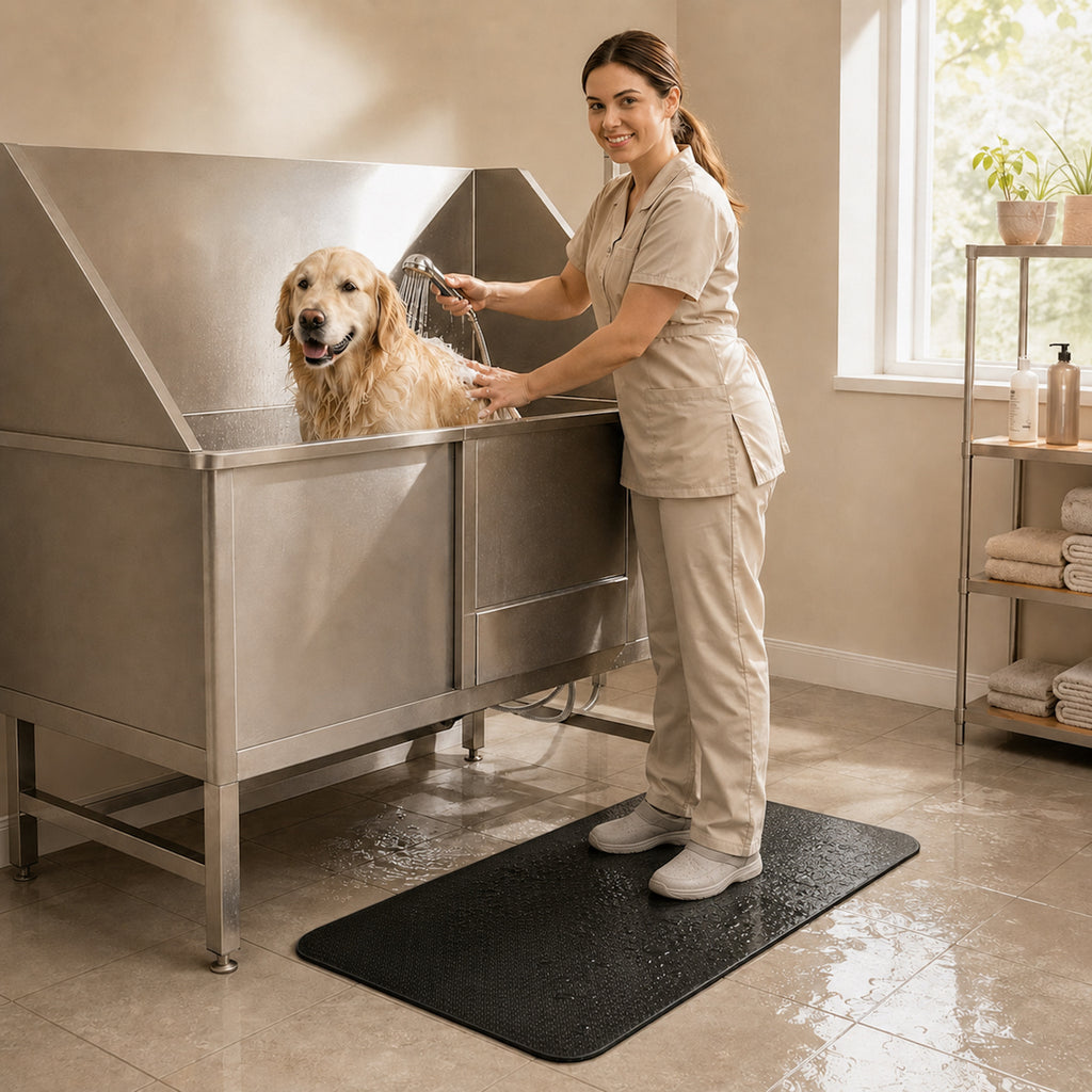 Groomer standing on black professional dog grooming mat beside stainless steel wash tub on a wet tile floor