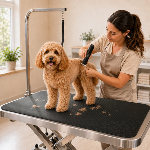 Professional dog grooming table mat 24x36 in on a grooming table with dog during clipping