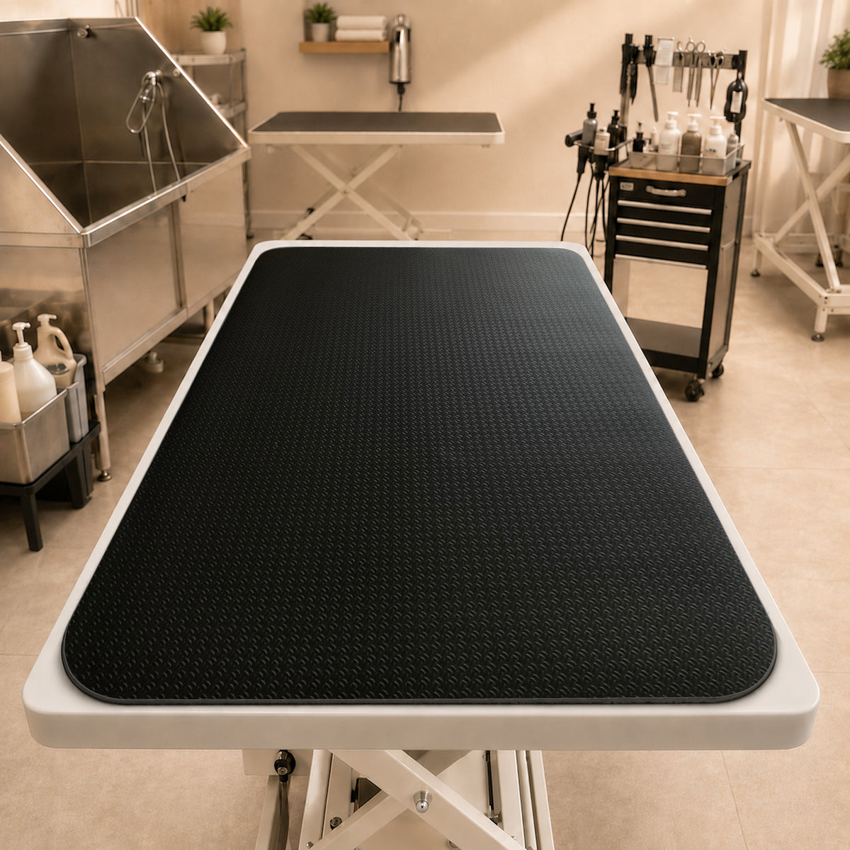 Black professional dog grooming table mat 24x48 in fitted on a grooming table in a professional salon