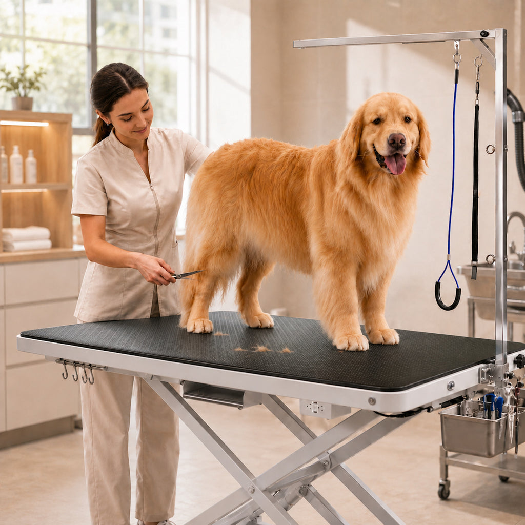 Professional dog grooming table mat 24x48 in on a grooming table with dog during clipping