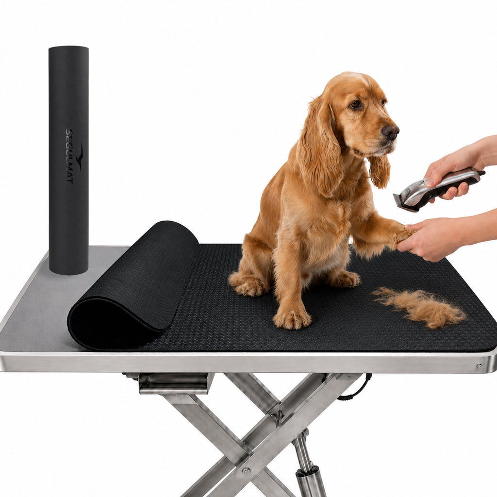Black professional dog grooming table mat on a grooming table with dog, clippers and storage tube