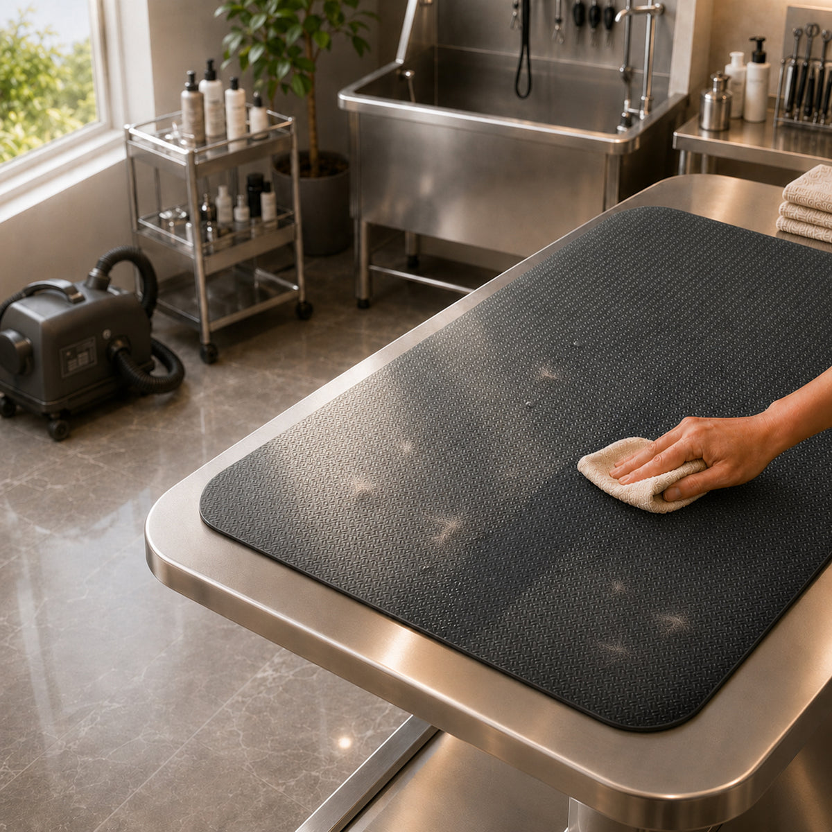 Cleaning loose hair from black professional dog grooming table mat on a stainless steel grooming table