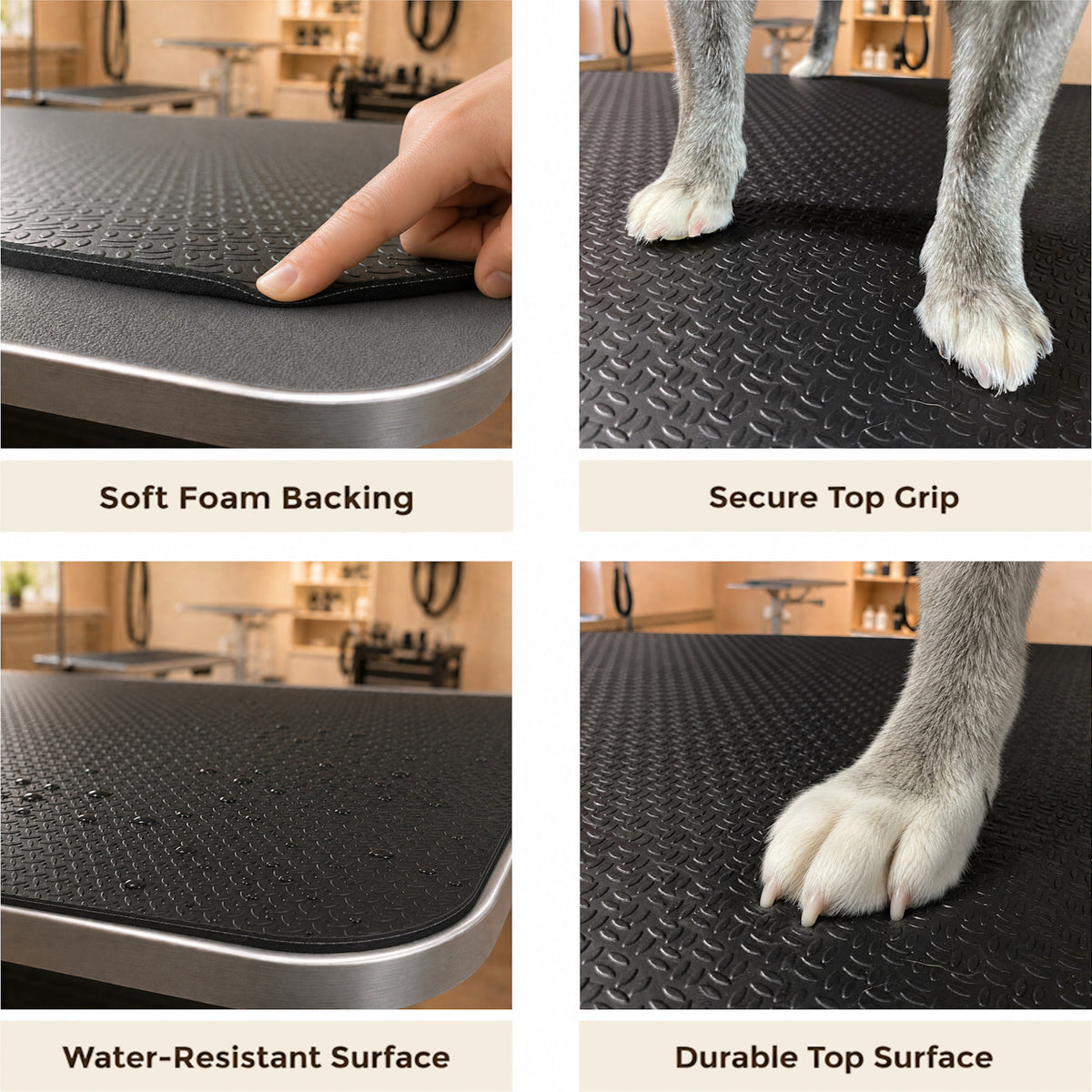 Professional dog grooming table mat showing soft foam backing, secure grip, water-resistant and durable textured surface