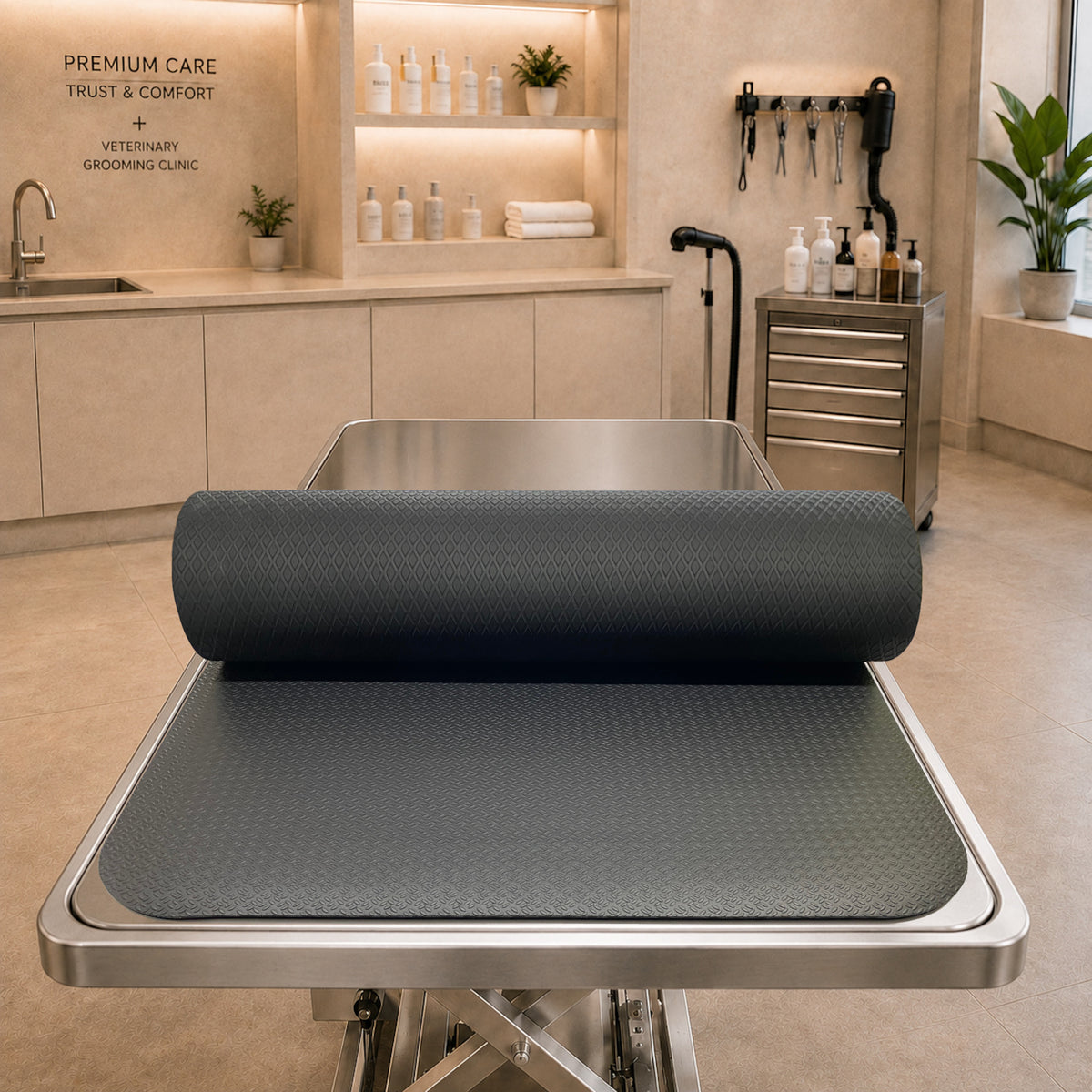 Rolled black dog grooming table mat showing textured top and non-slip backing on stainless steel table in veterinary clinic