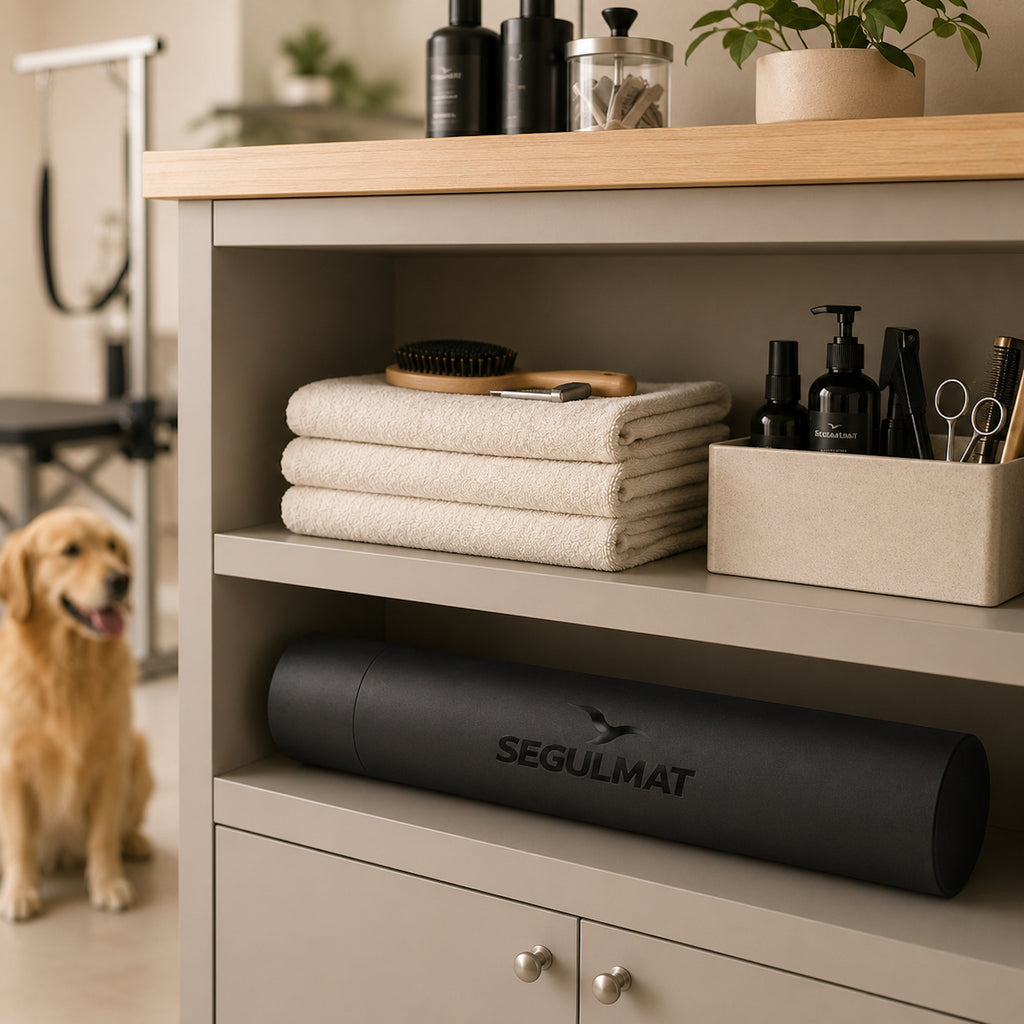 SEGULMAT professional dog grooming table mat stored rolled in black tube on shelf in a grooming salon