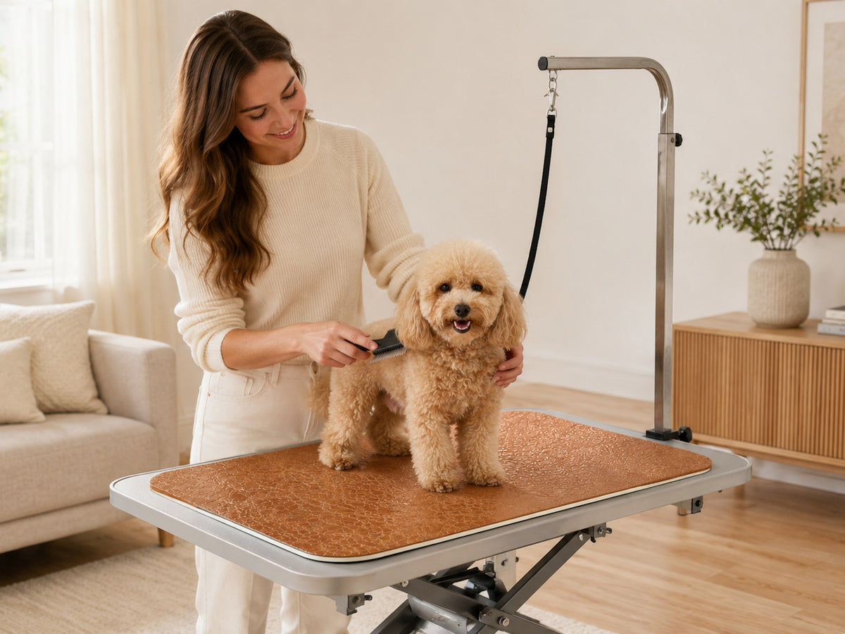 Woman grooming a dog on a brown SEGULMAT Premium Home PU dog grooming mat on a grooming table at home