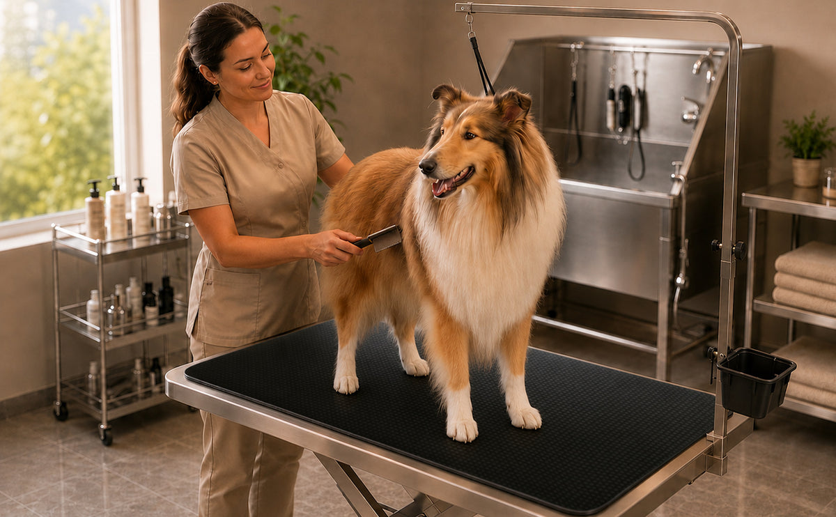Professional dog grooming table mat with Collie on stainless steel grooming table in salon