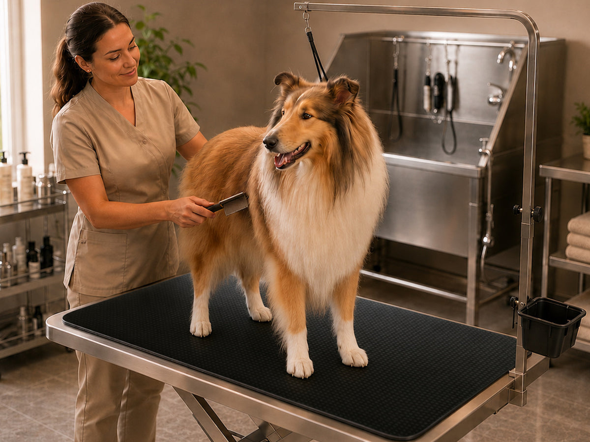 Professional groomer brushing a dog on a black SEGULMAT Professional PVC dog grooming table mat in a grooming salon
